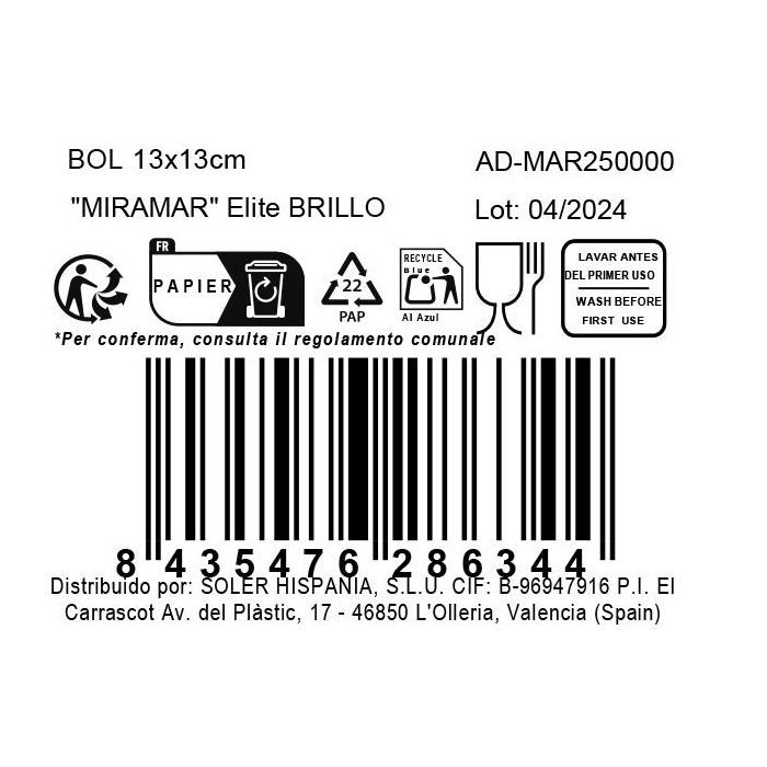 Inde Bol 13x13 cm Miramar Elite Brillo, Colección Mira Mar, 13x13x5 cm, 295 g (28 Unidades) 1