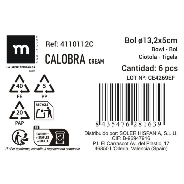 La Mediterranea Bol Calobra Crema Ø13.2 cm x 5 cm (24 Unidades)