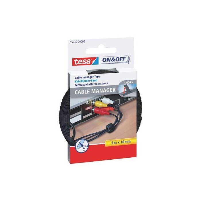 Tesa 55239 Organizador de cables cinta de cierre negro, reutilizable, 10 mm x 5 m para organizar cables eléctricos