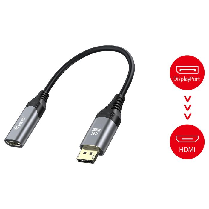 Equip Adaptador Cable DisplayPort a HDMI 1.2, 4K 60Hz, 18 Gbps, HDCP 2.2, HDR, Conectores Dorados, 15 cm, Carcasa Aluminio Equip Adaptador Cable DisplayPort a HDMI 1.2, 4K 60Hz, 18 Gbps, HDCP 2.2, HDR, Conectores Dorados, 15 cm, Carcasa Aluminio