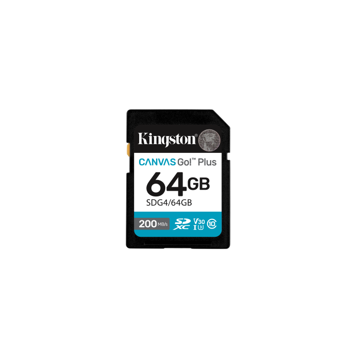 Kingston SDG4/64GB Tarjeta de Memoria SD CANVAS Go! Plus 64GB 200MB/s Lectura 160MB/s Escritura U3 V30 para 4K UHD DSLR