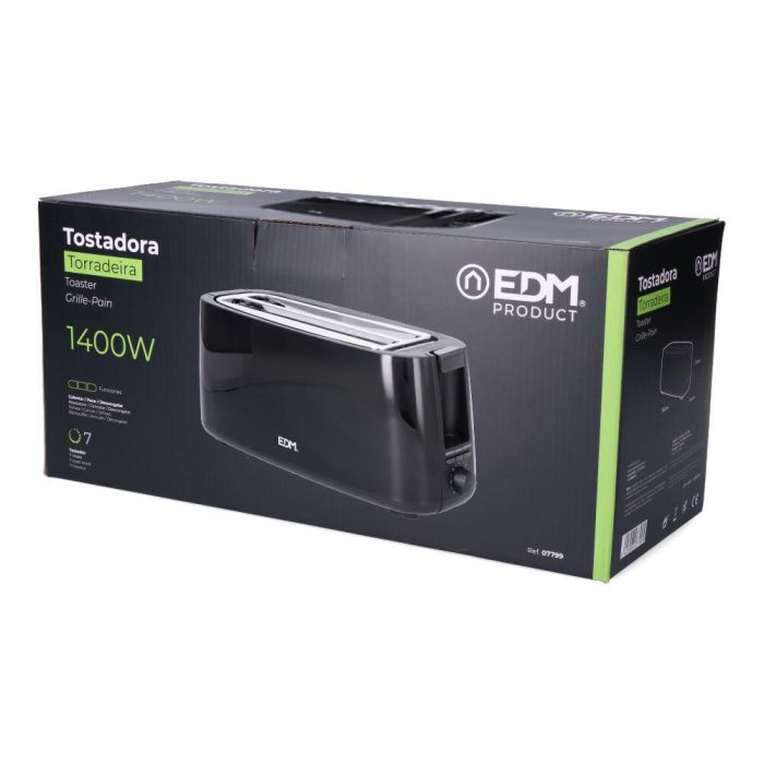 Edm Tostadora Black Design Doble Ranura Larga 1400W, Función Calentar/Descongelar, Superficie Tacto Frío, Negro 4 Edm Tostadora Black Design Doble Ranura Larga 1400W, Función Calentar/Descongelar, Superficie Tacto Frío, Negro 4