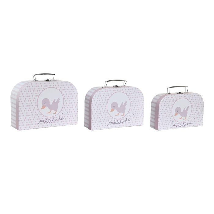 DKD Home Decor Caja Maletín Infantil Patito Lindo 23 Set de 3 Rosa Multicolor para Decoración y Almacenamiento 9.5x20x28 cm