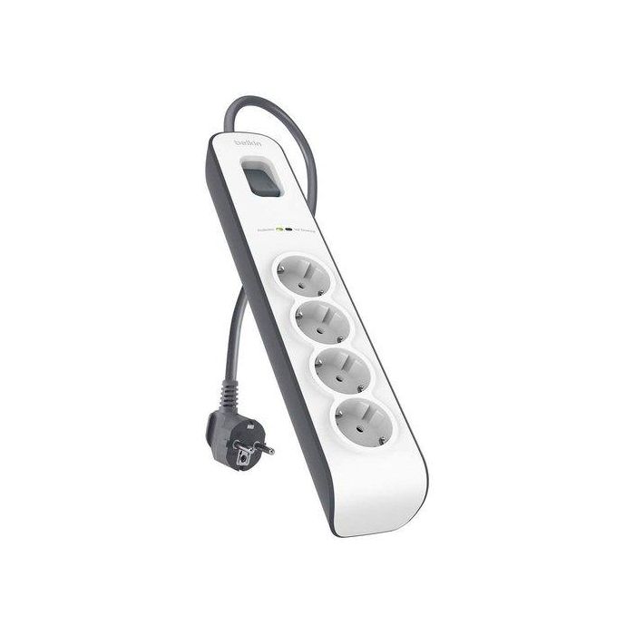 Belkin Regleta de Protección contra Sobretensiones con 4 Tomas, Botón de Apagado/Encendido, Cable de 2 Metros, Color Blanco-Gris
