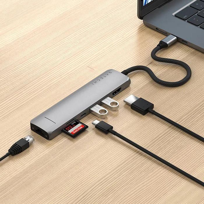 Satechi Adaptador Multi-puerto USB-C Slim 7-en-1 con Ethernet, HDMI 4K@60Hz, Lector SD/MicroSD, 2x USB-A, Carga PD 100W, 10Gbps, Gris Espacial 7