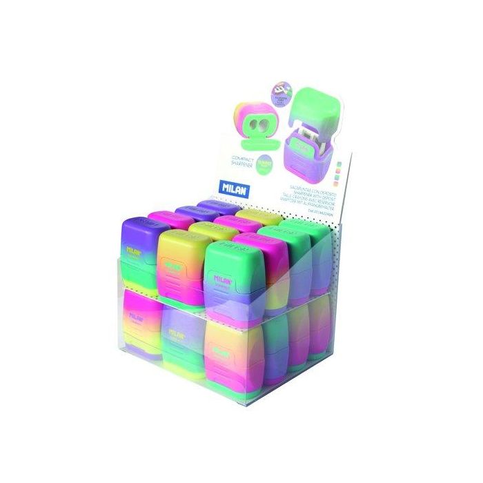 Milan Afilalápices Compact Sunset Doble con Depósito, Cuchilla de Acero, 4 Colores Surtidos