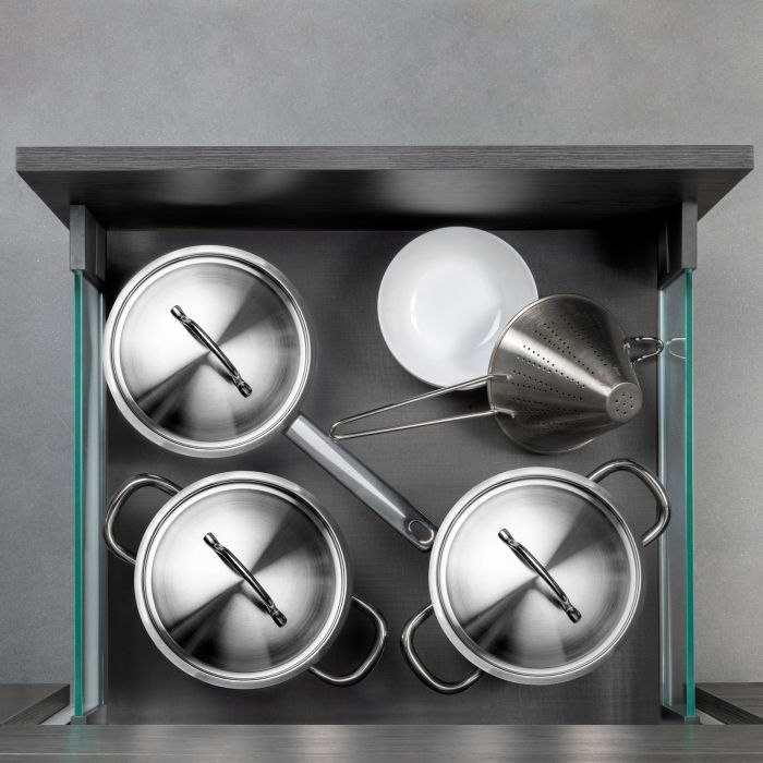 Emuca Cajón exterior Vertex 40kg con lateral de vidrio de altura 178mm, profundidad 500mm, Acero y Aluminio y Cristal, Gris antracita 5 Emuca Cajón exterior Vertex 40kg con lateral de vidrio de altura 178mm, profundidad 500mm, Acero y Aluminio y Cristal, Gris antracita 5