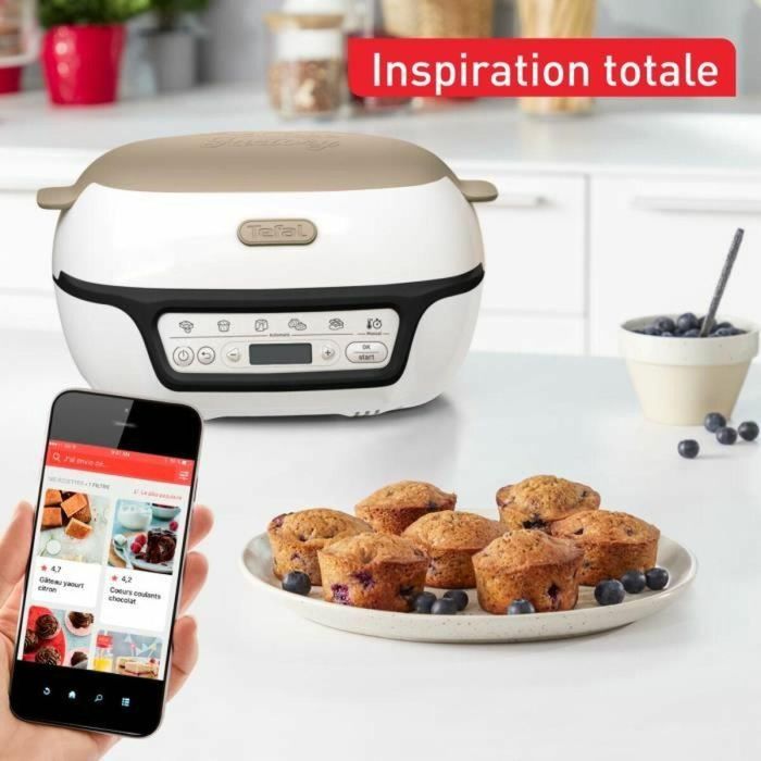 TEFAL Máquina de tartas Inteligente, 5 programas precisos, Molde Antiadherente, 6 moldes para muffins Creabake, Cake Factory KD804910 1