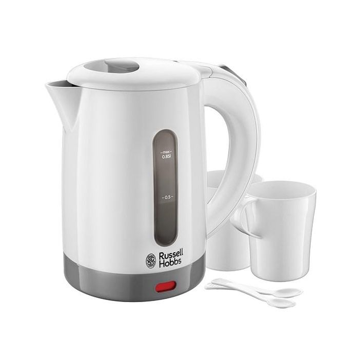 Russell Hobbs Hervidor Travel 23840-70, Hervidor de Viaje 0.85L, Blanco, Compacto y Ligero con Tazas Incluidas