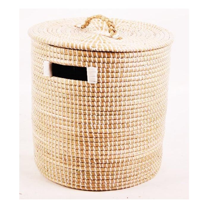 DKD Home Decor Cesta de Almacenamiento con Tapa, Fabricada en Seagrass. Tonos Natural y Blanco. Dimensiones 42x42x48 cm.