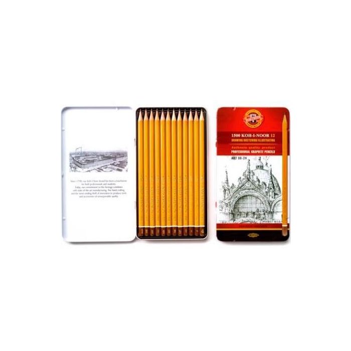 KOH-I-NOOR 1500 Set Lápices de Grafito para Dibujo Artístico Profesional, Caja Metálica 12 Unidades, Grados 8B a 2H