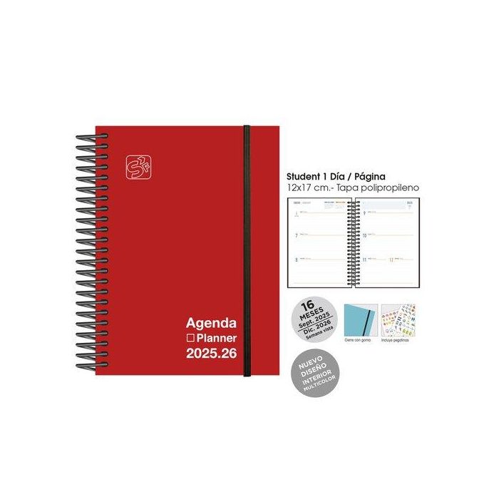 Agenda Anual (2025-26) Senfort 16 Meses Iki Unicolor Espiral Tapa Pp Con Goma 155X215 S/V Rojo