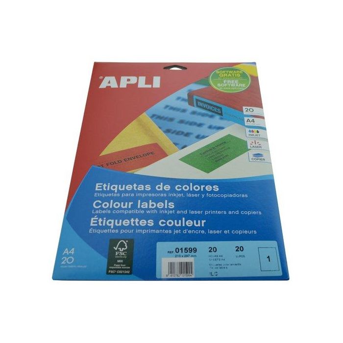 Apli Etiquetas Adhesivas 210x297 mm Amarillo para Inkjet y Láser, Pack de 20 Hojas