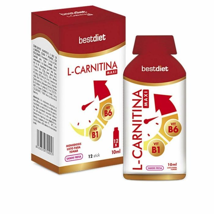 Best Diet L-Carnitina Líquida 12 Sticks Fresa con Colina, Vitamina B6 y Tiamina para Metabolismo y Energía