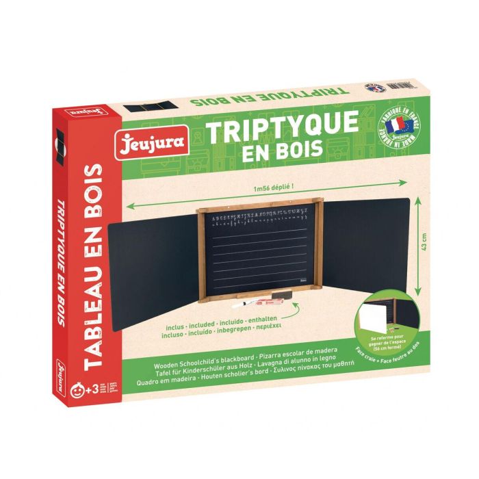 Jeujura Pizarra Mural Tríptico de Madera Roble Teñido 59x46 cm con 3 Paneles para Tiza y Rotulador Borrable en Seco