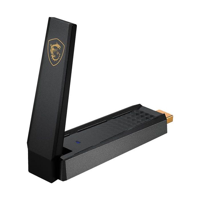 MSI Adaptador Wifi 6E GUAXE54 AXE5400 USB 3.2 Gen 1, WiFi 6E (802.11ax), 2.4GHz AX hasta 574 Mbps, 5GHz AX hasta 2402 Mbps, 6GHz AX hasta 2402 Mbps 2