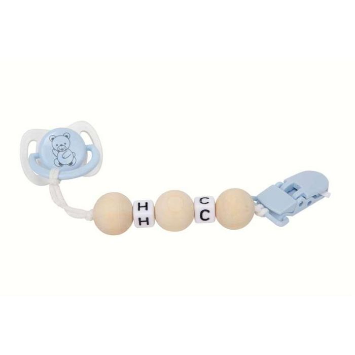 Set chupete azul/blanco c/cadena de bolas de madera y pinza blanca 4 Set chupete azul/blanco c/cadena de bolas de madera y pinza blanca 4