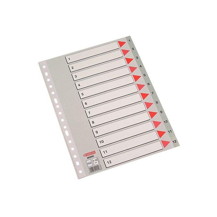 Esselte Índice Numérico Multitaladro 1-12 Polipropileno Folio Gris Con Carátula Índice Cartón Color