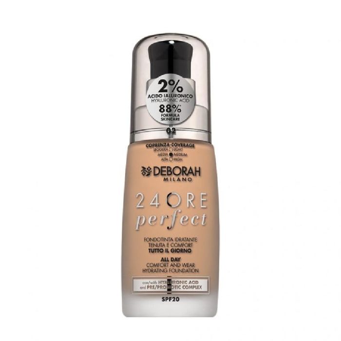 Deborah Maquillaje 24Ore Perfect Larga Duración con Ácido Hialurónico 2%, Cuidado Facial, Cobertura Media SPF 20 True Beige
