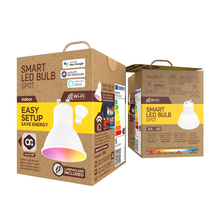 Muvit Bombilla Io Gu10 5.5W RGB, Compatible con Google Home, Alexa y Siri, Luz LED Multicolor y Blanca, Control por Smartphone 4 Muvit Bombilla Io Gu10 5.5W RGB, Compatible con Google Home, Alexa y Siri, Luz LED Multicolor y Blanca, Control por Smartphone 4