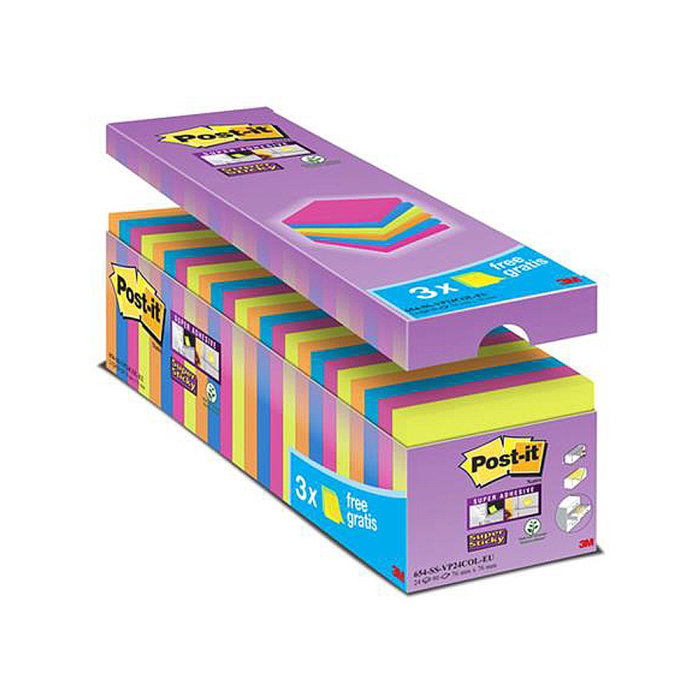 Post-it Bloc de notas adhesivas super sticky 76x76 mm 90 hojas colores surtidos pack 21+3 1 Post-it Bloc de notas adhesivas super sticky 76x76 mm 90 hojas colores surtidos pack 21+3 1