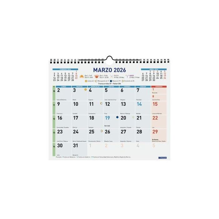Finocam Calendario de Pared M-300x247 mm Mv Color 2026 con Números Grandes para Planificación Anual