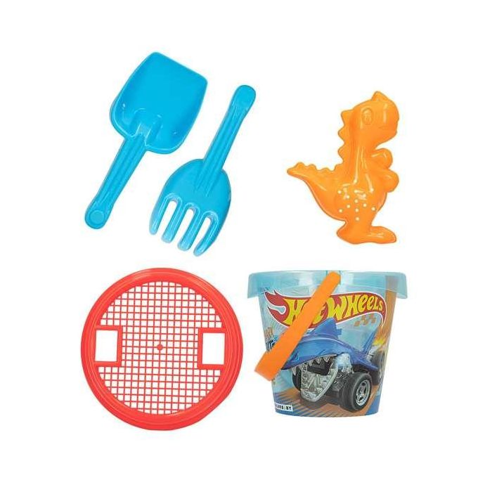 Cubo playa hot wheels 14 cm con pala,rastrillo,cedazo y 1 molde en red - modelos surtidos 2