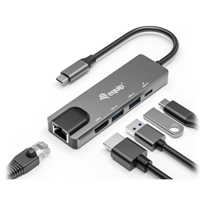 Equip Docking USB-C 5in1 USB-C 1xHDMI 4K/30Hz 2xUSB-C 1xRJ45 Gibabit 1xUSB-C Alimentacion 100WCable 25cm Carcasa Aluminio