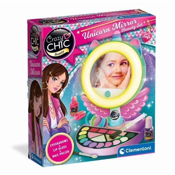 CLEMENTONI - Espejo de maquillaje Unicornio - Aro de luz - Maquillaje y complementos para cabello y uñas - A partir de 7 años