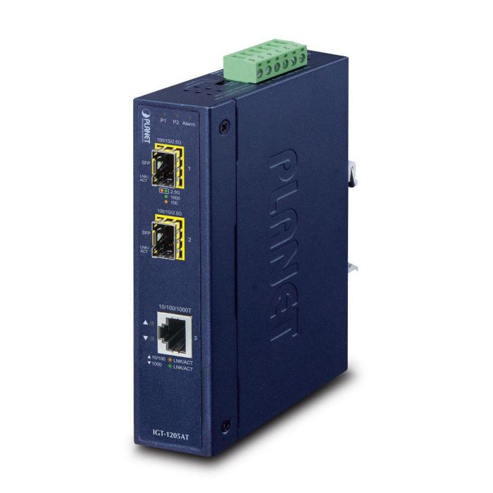 Planet IGT-1205AT - Convertidor de Medios Industrial Gigabit, 1x RJ45 10/100/1000T, 2x SFP 100/1000/2500X, IP30, -40 a 75°C Planet IGT-1205AT - Convertidor de Medios Industrial Gigabit, 1x RJ45 10/100/1000T, 2x SFP 100/1000/2500X, IP30, -40 a 75°C