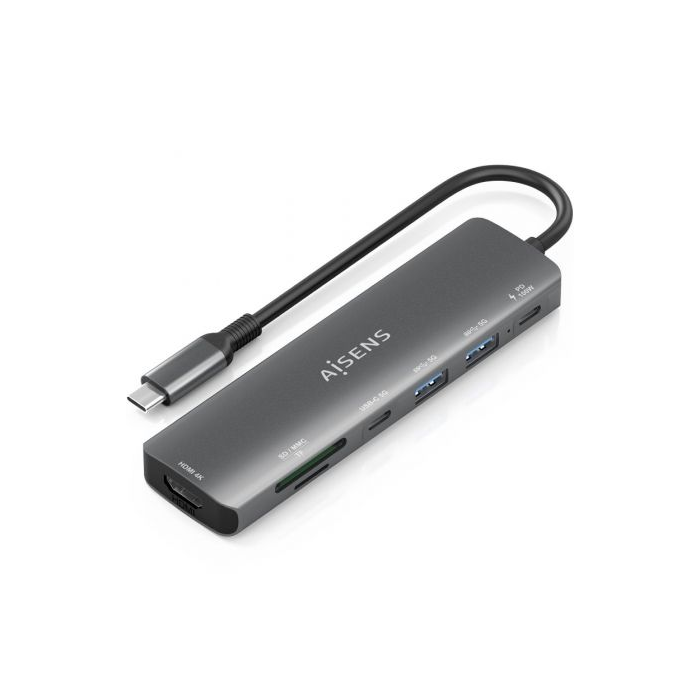 Aisens ASUC-7P026-GR Docking USB Tipo-C 7 en 1 con HDMI 4K, 2xUSB-A, USB-C PD 100W y Lector de Tarjetas SD/Micro SD Gris