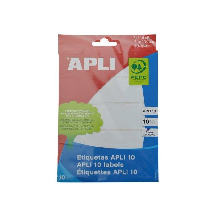 Apli Etiquetas Adhesivas Blancas 31x100 mm para Escritura Manual, Pack de 10 Hojas (50 Etiquetas), Adhesivo Permanente