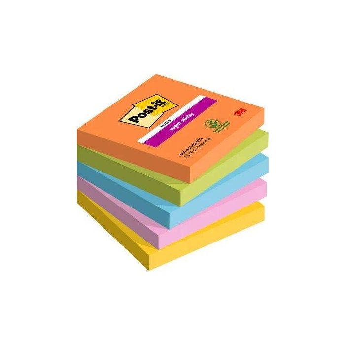 Post-it Bloc de Notas Adhesivas Super Sticky 76x76 mm con 90 Hojas Pack de 5 Bloc Colores Surtidos
