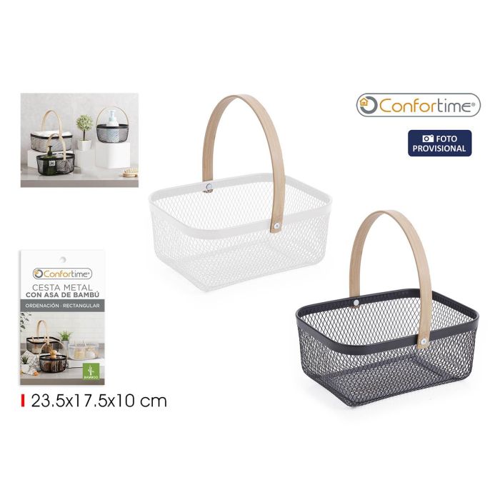 Confortime Cesta de Metal Rectangular con Asa de Bambú para Organización 23,5 x 19 x 10,4 cm (12 Unidades)