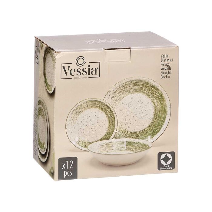 Vessia Vajilla 12 Piezas Patinada Verde, Cerámica, Plato Grande 27x27x3 cm y Plato Hondo 20x20x4.5 cm, Dimensiones 27x15x27 cm (Set de 2)