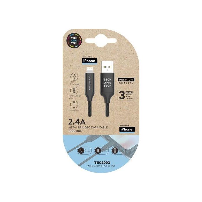 Cable Tech-One-Tech Usb-Lightning Alto Rendimiento 2,4A Negro 1 M.