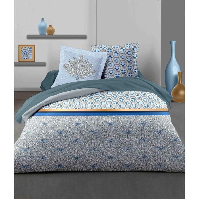 HOME LINGE PASSION Juego de edredón Luxor - 1 funda nórdica 240 x 260 cm + 2 fundas de almohada 65 x 65 cm - Azul y blanco 3