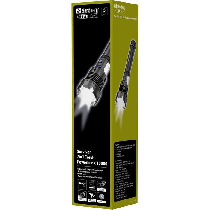 Sandberg Survivor 7in1 Torch Powerbank 10000mAh Linterna LED y Batería Externa USB Carga Rápida IPx4 Resistente Ideal Camping 5