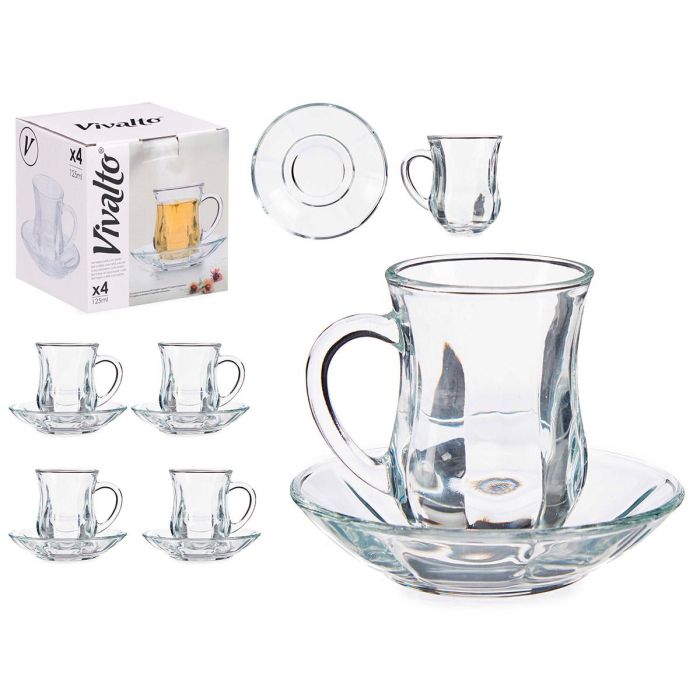 Vivalto Set de 4 Tazas de Vidrio con Plato Liso, Transparentes, 125 ml de Capacidad, Medidas del Set: 14 x 15 x 13 cm (12 Unidades)