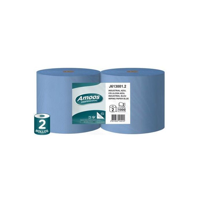 Amoos Papel Secamanos Industrial Bobina 2 Capas Azul 222 mm x 300 mt Paquete 2 Rollos