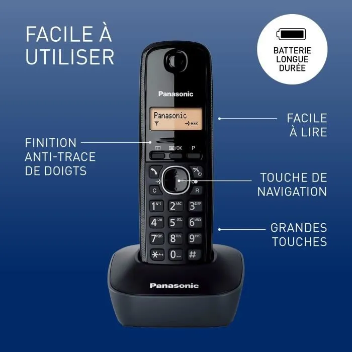 Panasonic KX-TG1611FRH Teléfono Inalámbrico Residencial Digital Negro, Sin Contestador Automático, Pantalla Retroiluminada, Directorio 50 Nombres, 15h Conversación