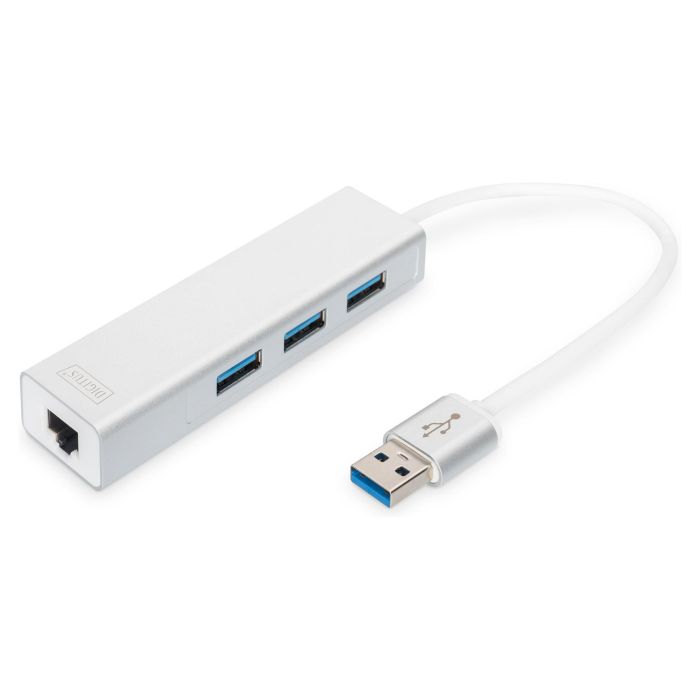 DIGITUS Adaptador USB-Hub 3 Puertos USB 3.0 + 1 Puerto LAN Gigabit Ethernet Plata Blanco DIGITUS Adaptador USB-Hub 3 Puertos USB 3.0 + 1 Puerto LAN Gigabit Ethernet Plata Blanco