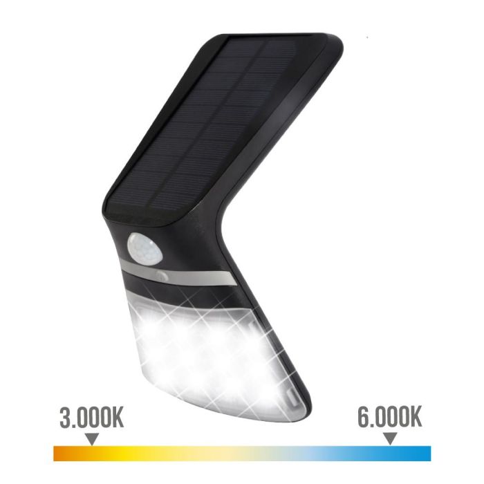 Edm Aplique Solar 38110 3,5W 430lm Sensor Presencia 2 Tonalidades Luz Fría (6000k) y Cálida (3000k) Negro 10,5x13cm IP65 Batería Recargable 1