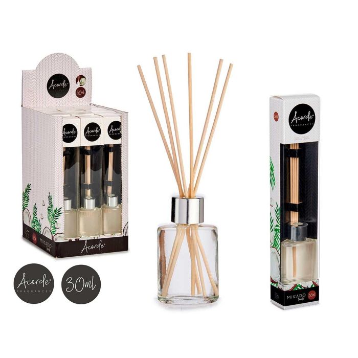 Mikado 30 ml Coco - Difusor de aroma natural, vidrio, madera y ratán, 4.4x7.9x2.9 cm - Acorde (24 Unidades) Mikado 30 ml Coco - Difusor de aroma natural, vidrio, madera y ratán, 4.4x7.9x2.9 cm - Acorde (24 Unidades)