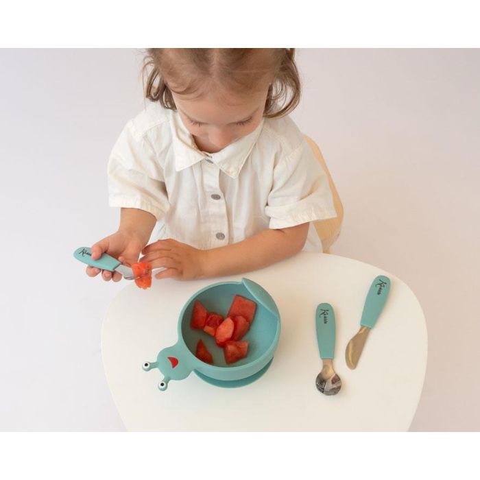KioKids Set Cubiertos Infantiles Acero Inoxidable Y Silicona Verde Salvia +6 Meses 1