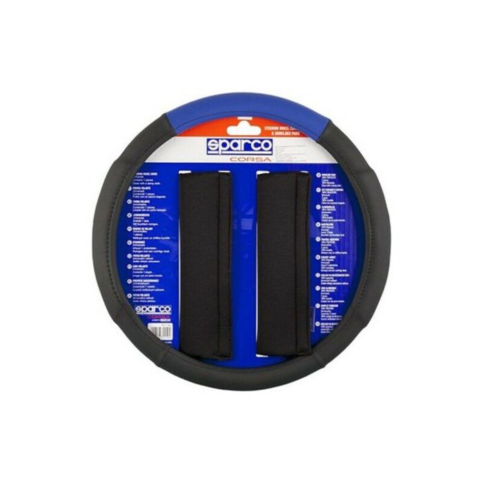 Sparco SPC1111KAZ Funda Volante y Almohadillas Universales Negro-Azul | Juego Antideslizante Lavable 100% Poliéster 1