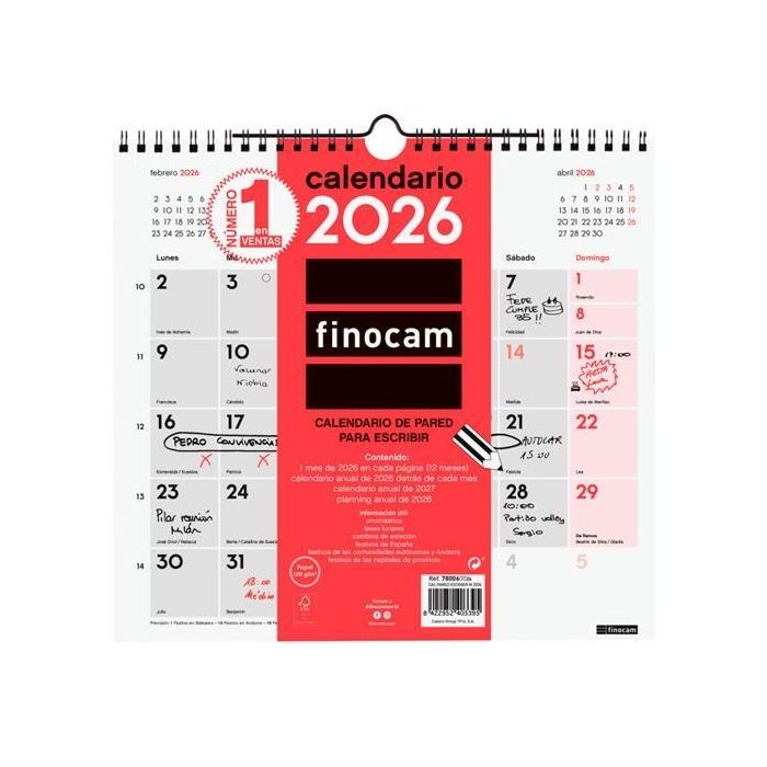 Finocam Calendario de Pared para Escribir M-265x245 mm Mv Neutro 2026 - Ideal para Planificar y Organizar Anual