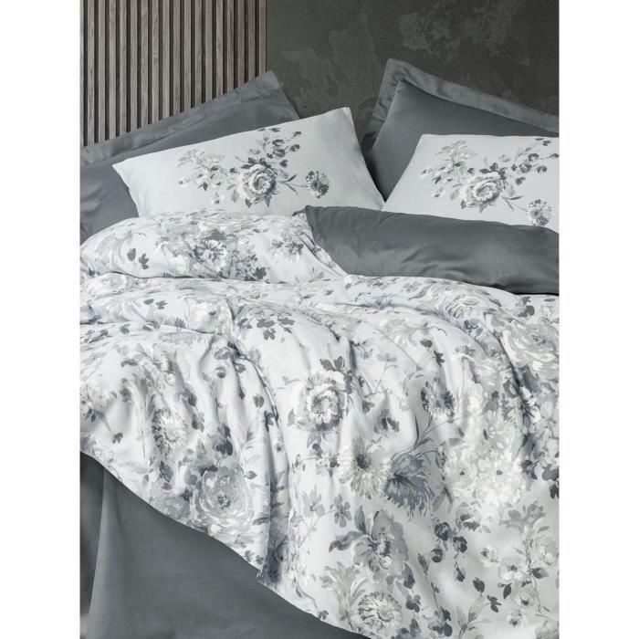 Juego de cama - 1 funda nórdica 220x240 cm + 2 fundas de almohada 60x60 cm - 100% algodón satén - Gris 3 Juego de cama - 1 funda nórdica 220x240 cm + 2 fundas de almohada 60x60 cm - 100% algodón satén - Gris 3