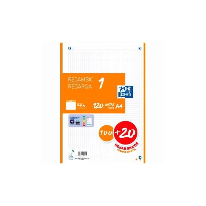 Oxford Recambio Classic 120 Hojas A4 Sueltas 90 gr, 5x5 mm, 4 Taladros, Banda Naranja, Compatible con SCRIBZEE