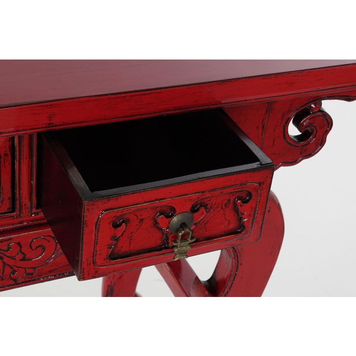 DKD Home Decor Consola Oriental de Olmo y Metal Color Rojo con 3 Cajones Mueble Auxiliar 135 cm Ancho x 89 cm Alto x 37 cm Fondo 3